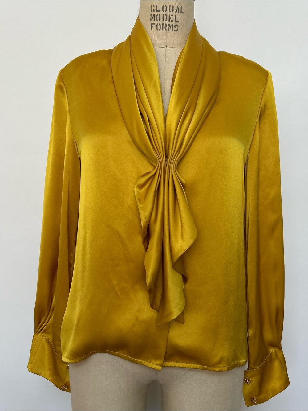 Women's Satin Tie-Neck Blouse in Mustard
